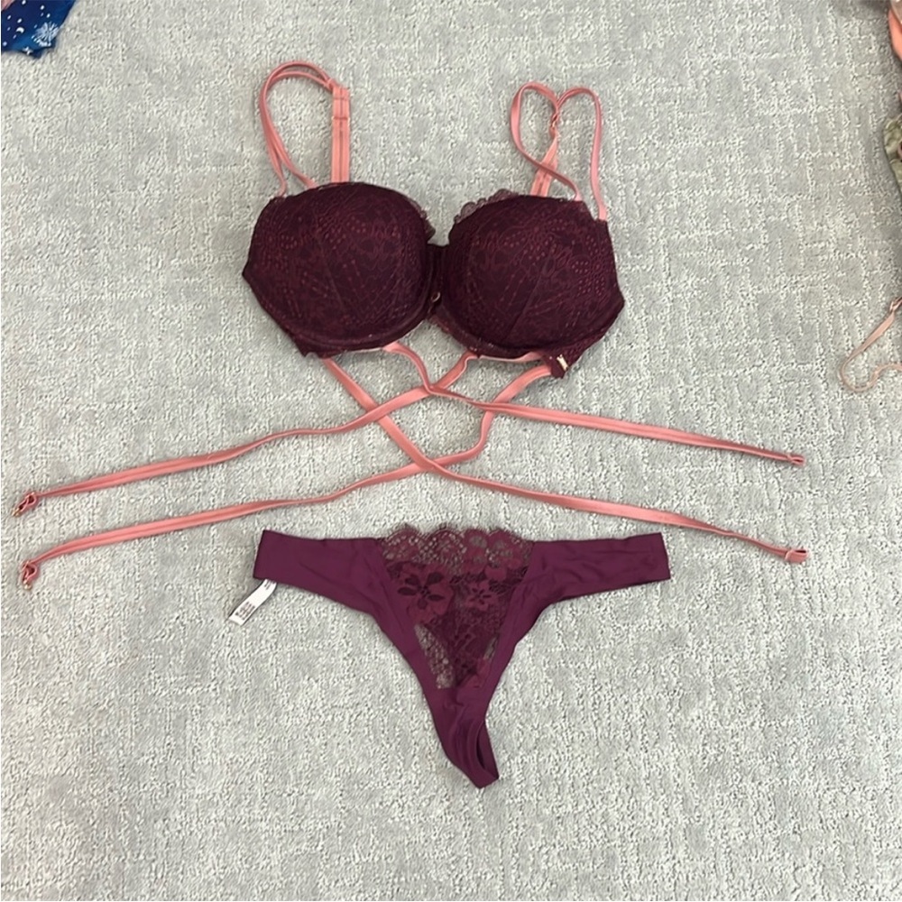 NWOT 34DD & M Pink VS strappy our ship bra adjustable with silk thong maroon